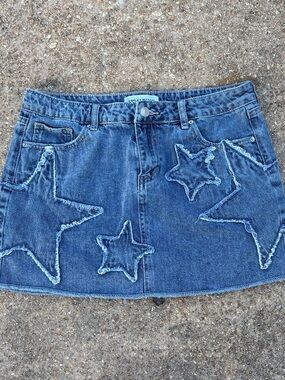 Ashley Mason Denim Mini Skirt with Frayed Star Appliqués